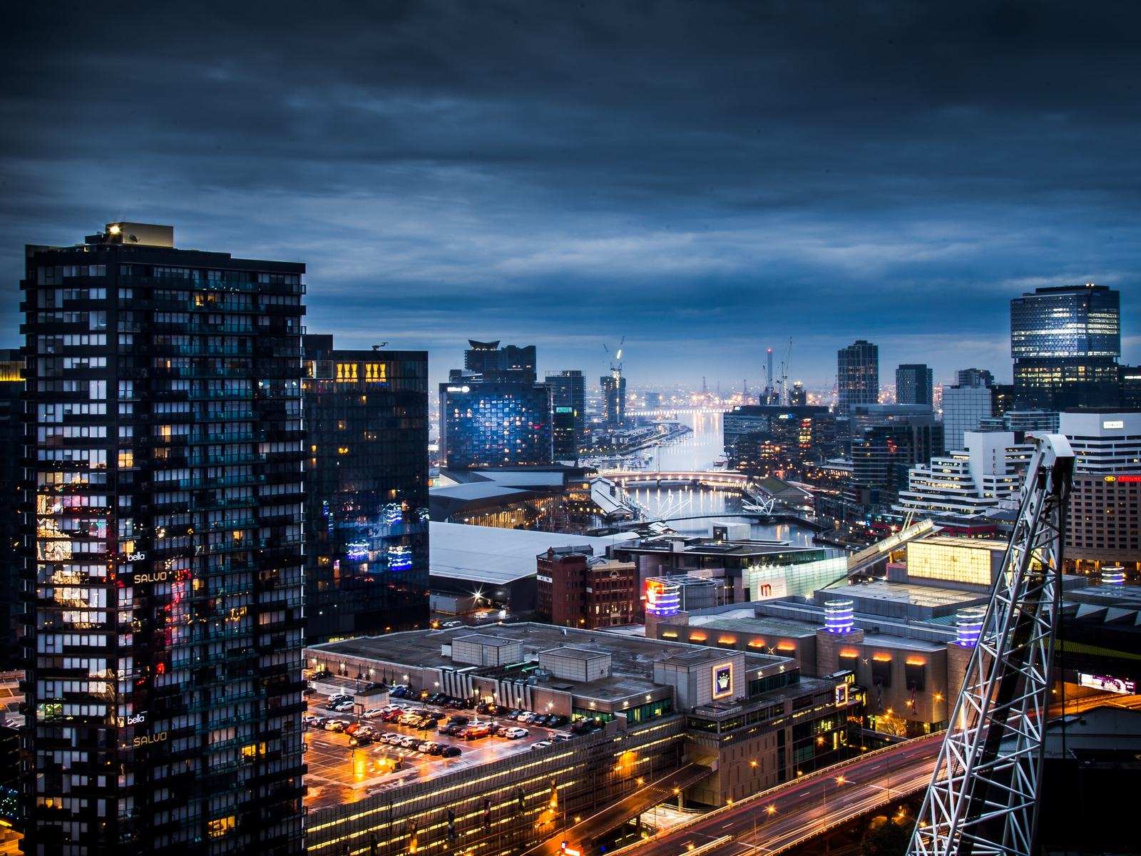 A city skyline at dusk